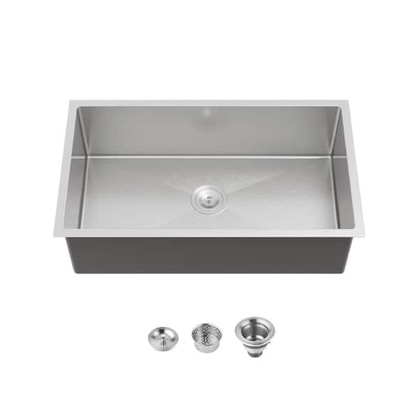 33 in. Undermount Single Bowl 18 Gauge Brushed Stainless Steel Kitchen Sink with Drain Assembly