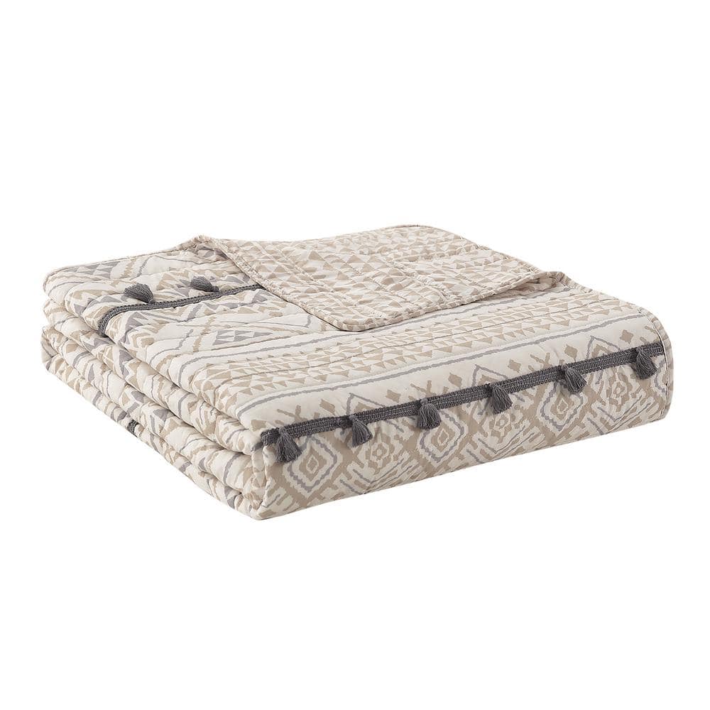 Ivory and Tan Reversible Microfiber Full Quilt Set