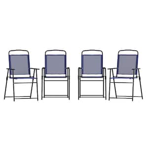 Black Steel Outdoor Lounge Chair in Blue (Set of 4)