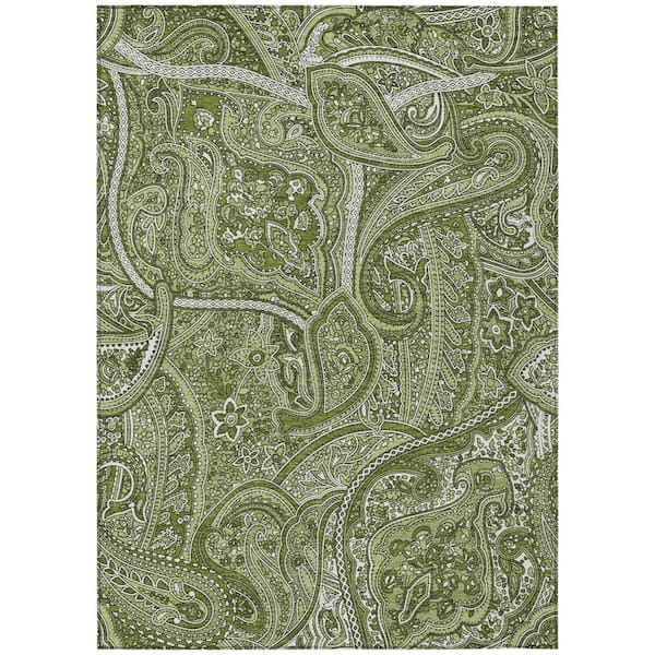 Artichoke Green, Olive Green 9 ft. x 12 ft. Woven Paisley Polyester Rectangle Indoor/Outdoor Area Rug