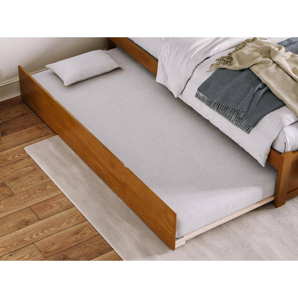 Light Toffee Queen Wood Platform Bed with Trundle and Slats