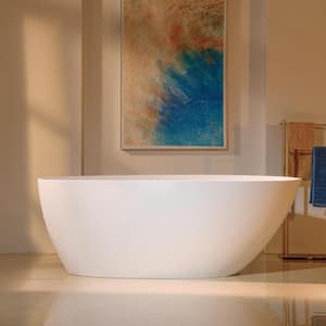 58-5/8 in. L x 29-1/8 in. W Luxury Solid Surface Stone Resin Freestanding Soaking Bathtub With Reversible Drain in White