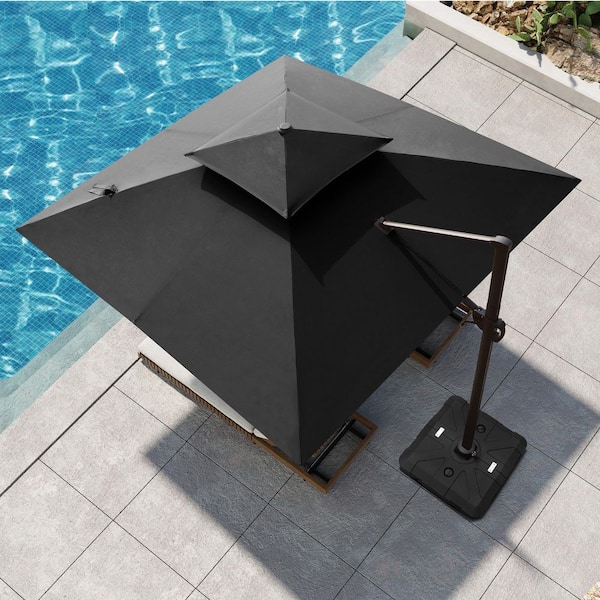 Pellebant 11 ft. x 11 ft. 2-Tier Square Aluminum Cantilever Umbrella Offset 360° Rotation Patio Umbrella in Black with Base