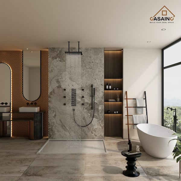 15-Spray 16 in. Wall Mount Dual Shower Heads and Handheld Shower Head with 2.5 GPM 6-Jet in Black (Valve Included)