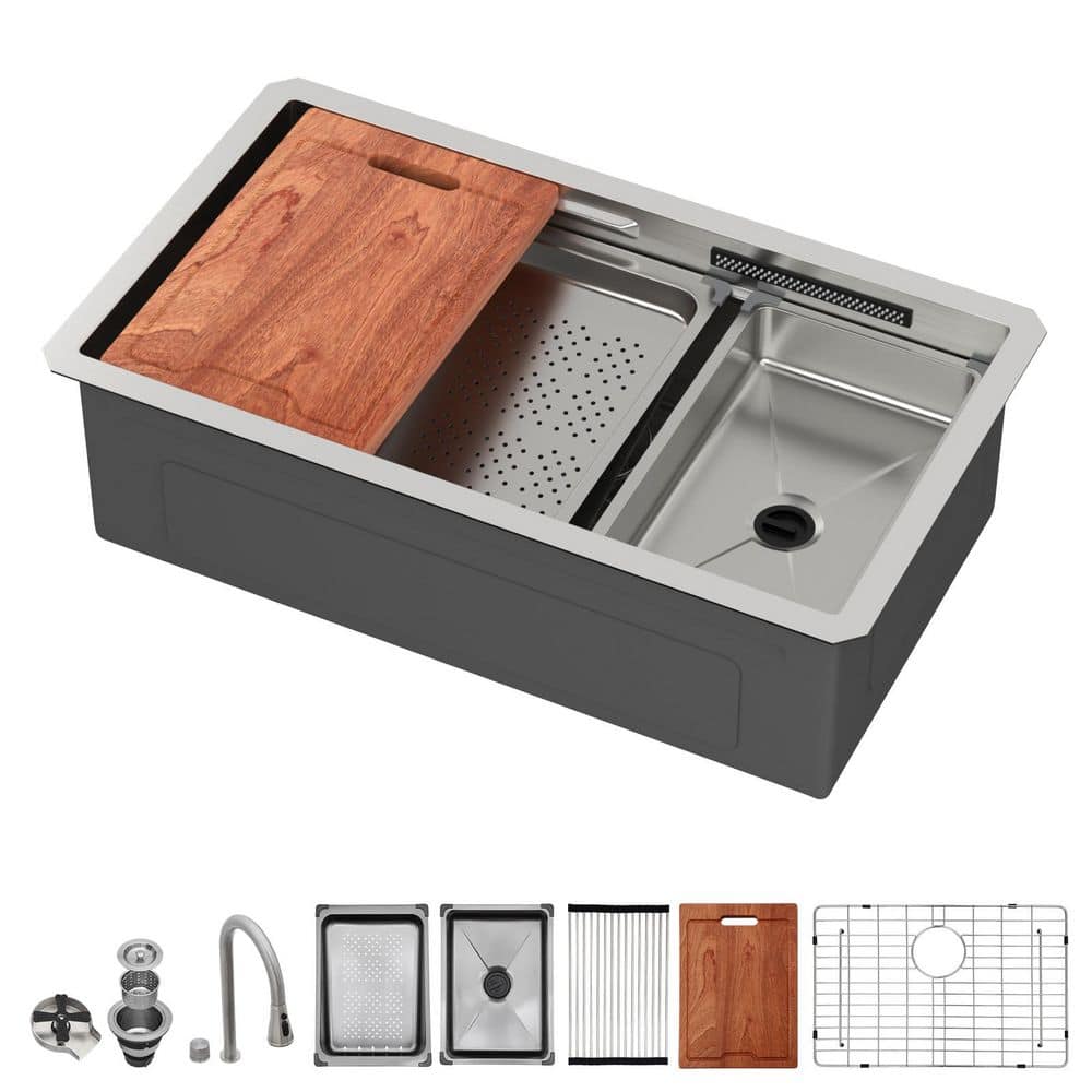 33 in. Undermount Single Bowl 16 Gauge Brushed Nickel Stainless Steel Kitchen Sink with Faucet and Bottom Grids price history on PriceWatchPro
