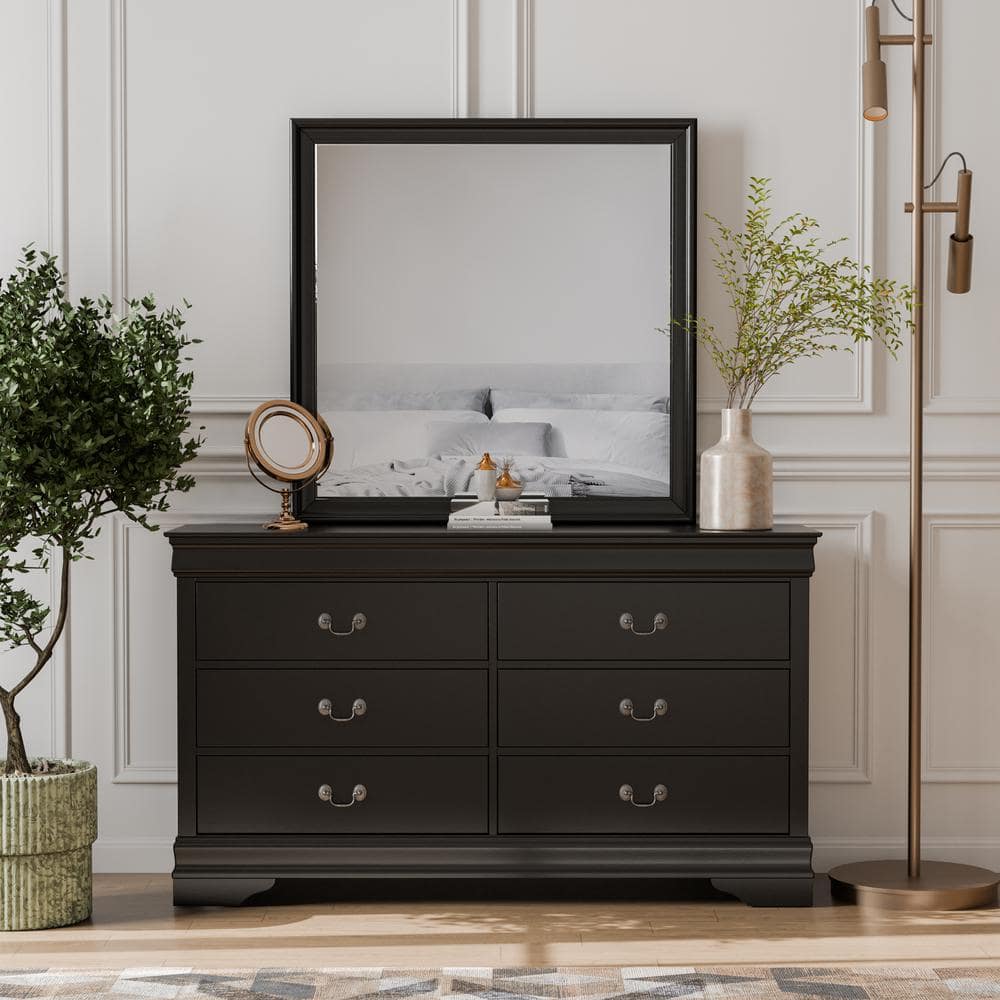Black Solid Wood 6-Drawer Dresser with Mirror