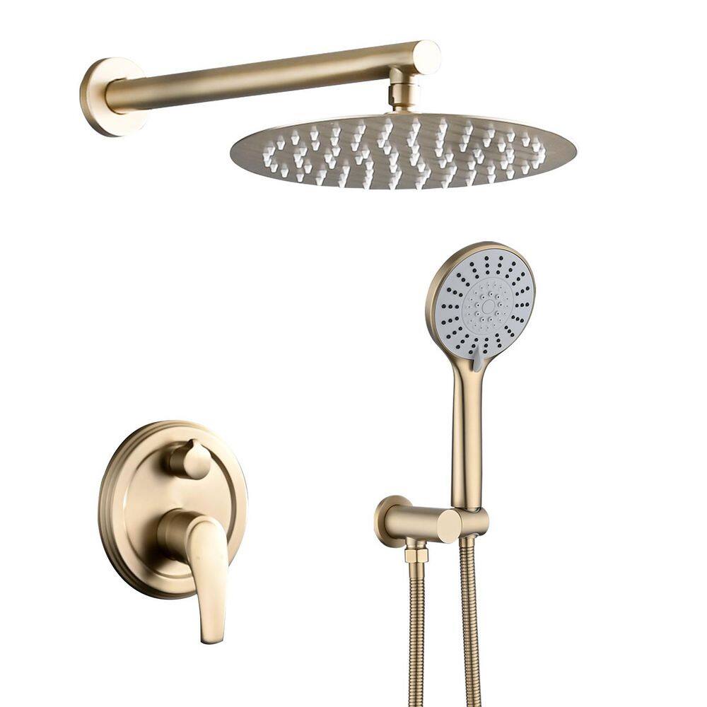 5-Spray 10 in. Wall Mounted Shower with Rain Shower Head and 5-Function Handheld Shower Head in Brushed Gold