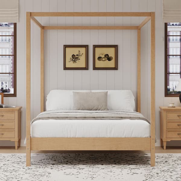 Lois Brown Wood Frame Queen Size Canopy Bed with Slats Support, Natural