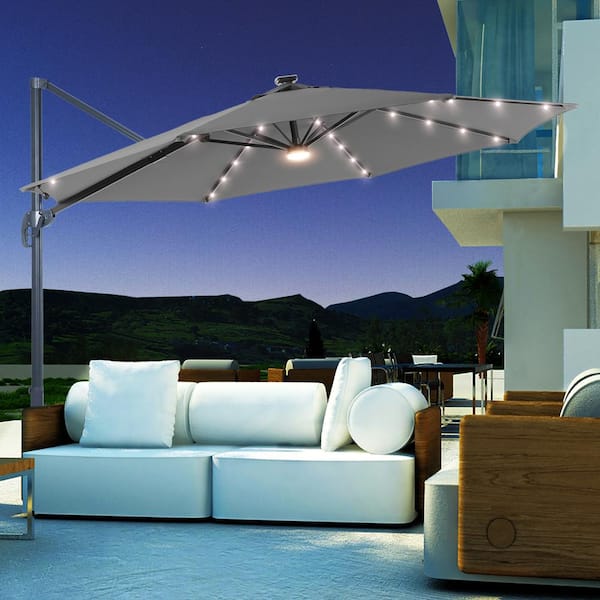 JOYESERY 11 ft. Round Cantilever LED Umbrella For Your Outdoor Space - 240 g Solution-Dyed Fabric, Aluminum Frame in Gray