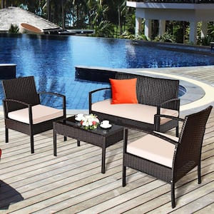 4-Pieces Wicker Rattan Corner Outdoor Patio Sectional Sofa Glass Table Set with Yellowish Cushion