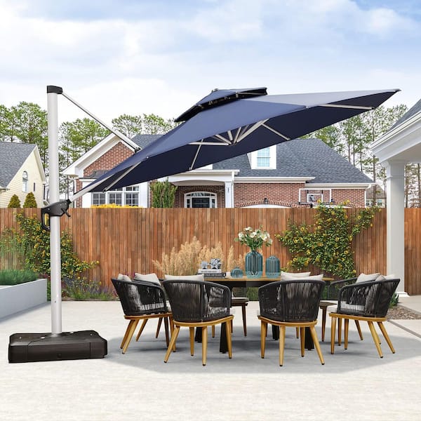 PURPLE LEAF 13 ft. Octagon High-Quality Aluminum 360 Rotation Cantilever Polyester Outdoor Patio Umbrella with Base, Navy Blue