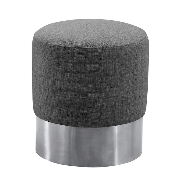 Armen Living Armen Living Grey Fabric Contemporary Round Ottoman in Brushed Stainless Steel