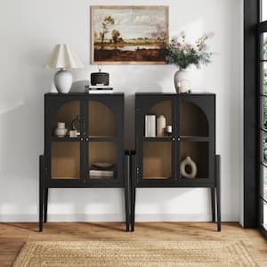 Shadow Matte Black MDF 35 in. Sideboard Credenza with Tempered Glass Doors and Light Oak Interior, Set of 2