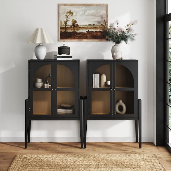 Nathan James Shadow Matte Black MDF 35 in. Sideboard Credenza with Tempered Glass Doors and Light Oak Interior, Set of 2