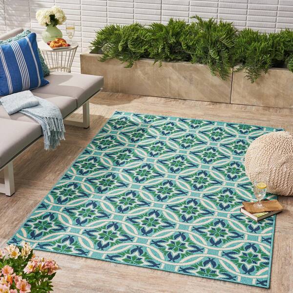 8 Ft Geometric Outdoor Area Rug, Blue And Green Outdoor Rug