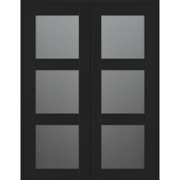 Belldinni Vona 3-Lite 56 in. x 96 in. Both Active 3-Lite Frosted Glass Black Matte Wood Composite Double Prehung Interior Door