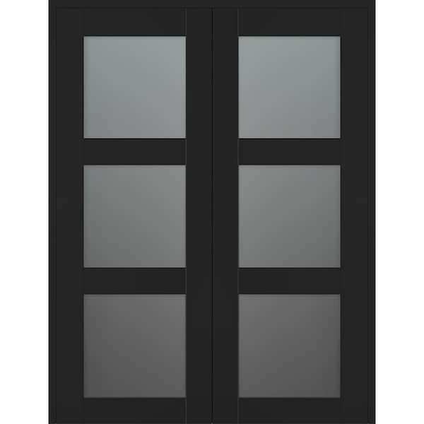 Vona 3 Lite 60 in. x 80 in. Both Active 3-Lite Frosted Glass Black Matte Wood Composite Double Prehung Interior Door