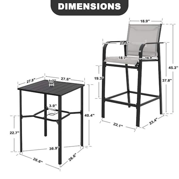 Black 3-Piece Textilene and Metal Square Outdoor Bar Set with Umbrella Hole and Bar Stools