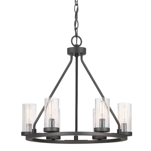 Progress Lighting Hartwell 18-1/2 in. 6-Light Graphite Farmhouse Wagon Wheel Chandelier with Antique Nickel Accents & Clear Seeded Glass