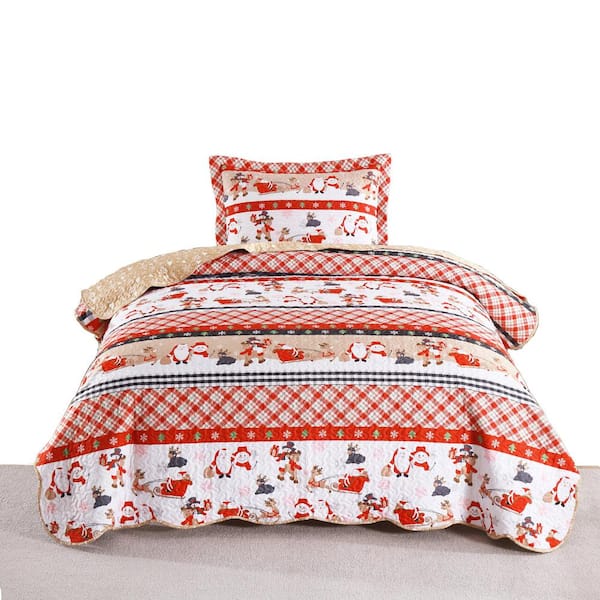 BY210 Christmas Red Snowmen and Sledges Twin Size Polyester Quilt Bedspread Set