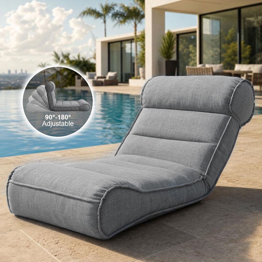 5-Position Adjustable Metal Frame Outdoor Chaise Lounge Chair with Thick Gray Cushion, Water-Resistant Olefin Fabric