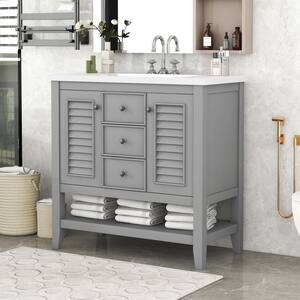 35 in. W x 17.9 in D. x 33.4 in. H Gray Modern Bath Vanity with White Ceramic Sink Top Solid Wood Frame and Open Shelf