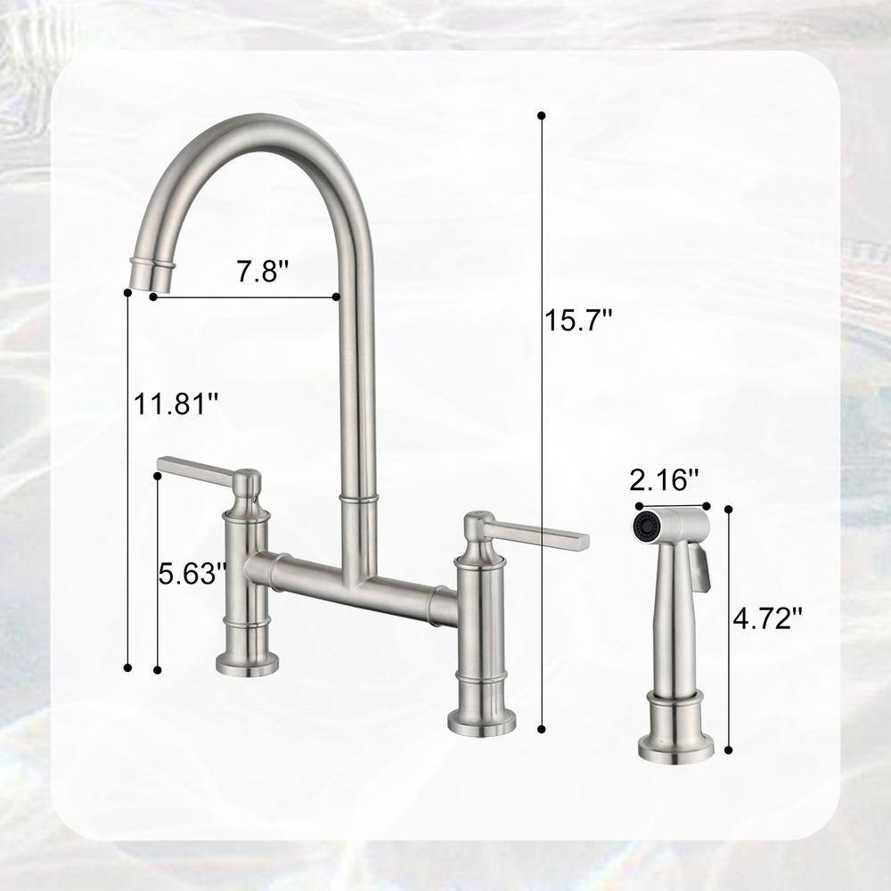 Brushed Nickel Double Handle Bridge Kitchen Faucet with Side Spray