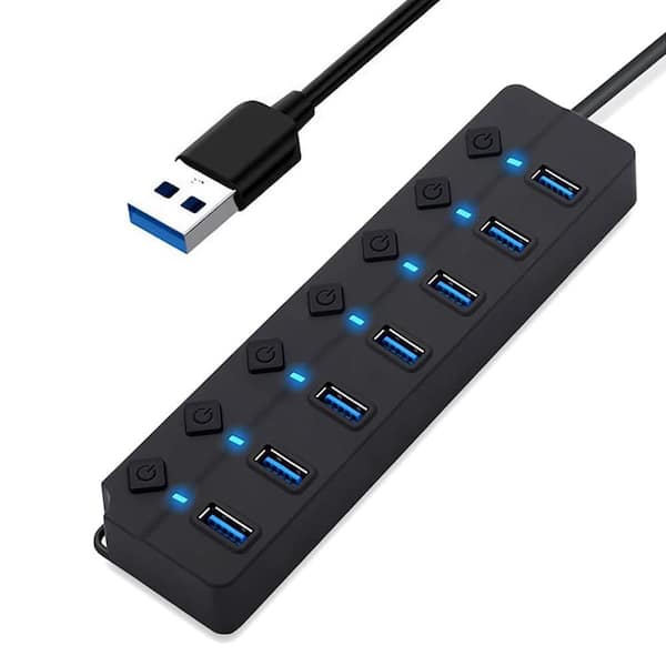 Lukyamzn 7-Port USB 3.0 Data Hub with Individual Power Switches LED Lights High-Speed Portable Extension Hub No Power Adapter