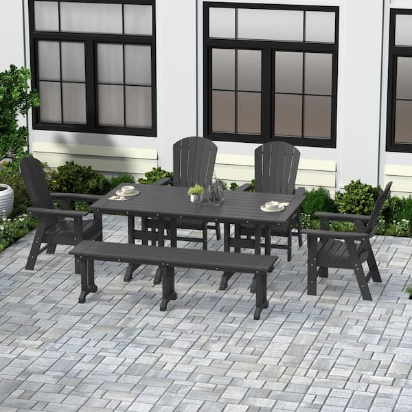 WESTIN OUTDOOR Altura Outdoor Patio Weather Resistant 6-Piece HDPE Plastic Gray Rectangle Adirondack Dining Set With Bench