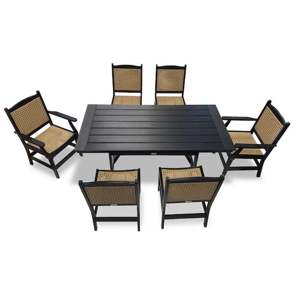 Tuscany Black 7-Piece HDPE Plastic Woven Retangle Outdoor Dining Set