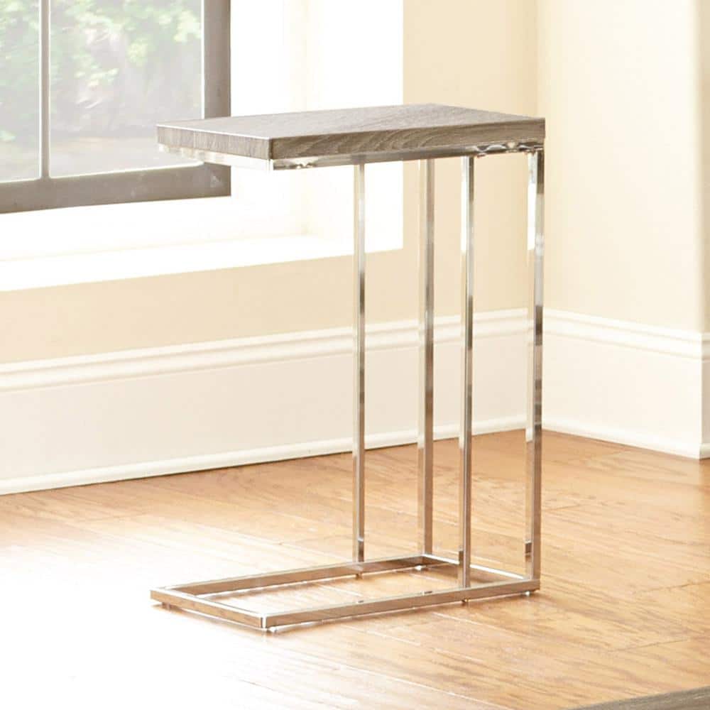 Contemporary Chrome and Wood 10" Chair Side Table in Gray/Brown