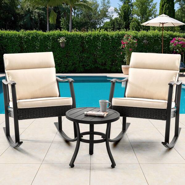 Nuu Garden 3-Piece Metal Rocking Rattan Outdoor Bistro Set with Cushions