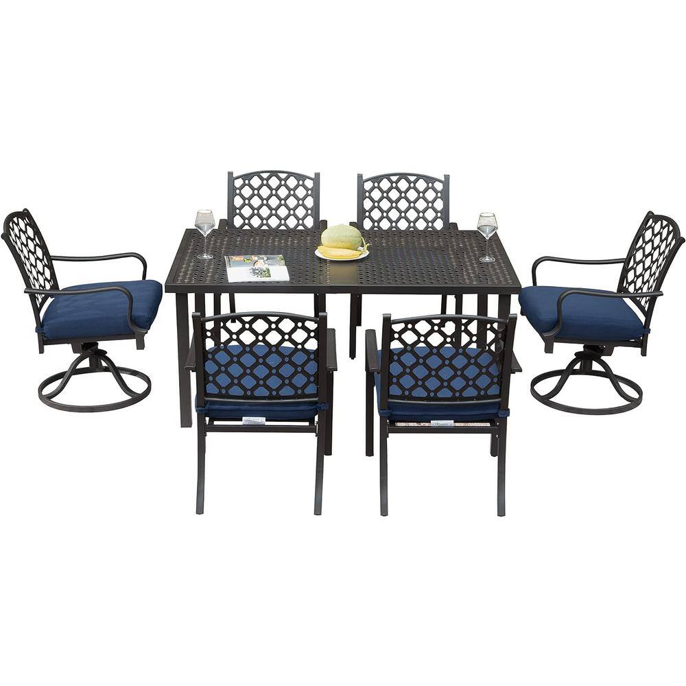 7-Piece Dark Brown Steel Outdoor Dining Set with Navy Blue Cushions