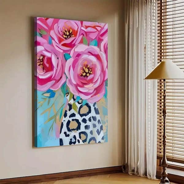 Wall Art-Vibrant Pink Flower Wall Decor-Flower Leopard Vase, 36*24