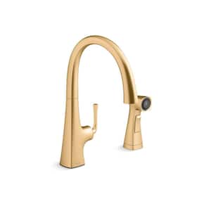 Single Handle Swing Spout Standard Kitchen Sink Faucet with Sidespray in Vibrant Brushed Moderne Brass