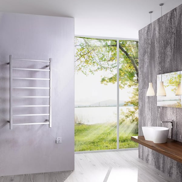 Bell Series 8-Bar Wall Mounted Electric Plug-In Bathroom Towel Warmer Rack in Polished Chrome Finish Stainless Steel