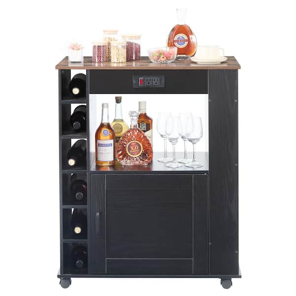 Rolling Kitchen Island Cart with Storage, Microwave Stand Wine Rack Power Outlet for Kitchen and Dining Room, Brown Cart