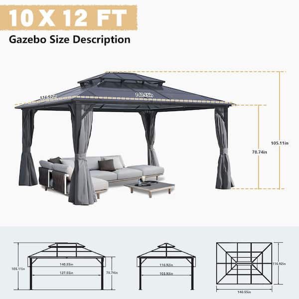 10 ft. x 12 ft. Grey Hardtop Gazebo with Polycarbonate Double Roof Pergola, Netting, and Curtain