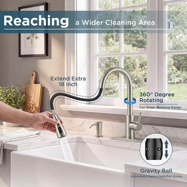Stainless Steel Kitchen Faucet With Pull-Down Sprayer – High Arc, 360° Swivel, Single Handle, 1 Or 3-Hole Fit, Deck Plate Included