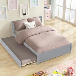 Modern 57 in. W Gray Full Size Wood Bed Frame Platform Bed Frame with Wood Slats, Headboard and Twin Trundle Bed
