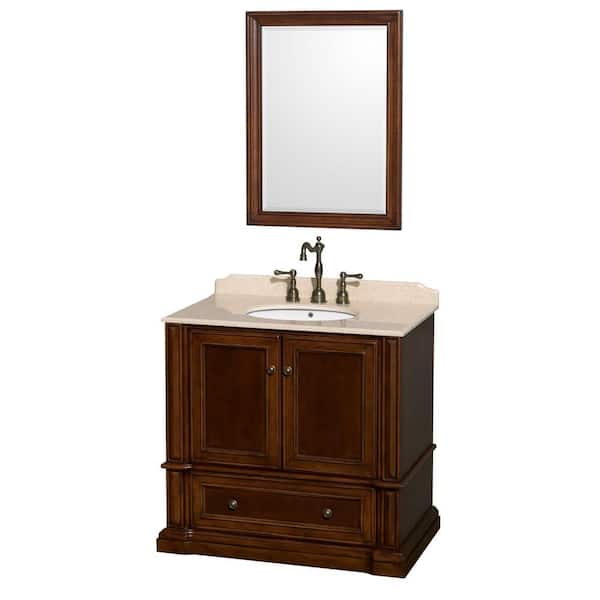 Wyndham Collection Rochester 37.5 in. Vanity in Cherry with Marble Vanity Top in Ivory and 24 in. Mirror