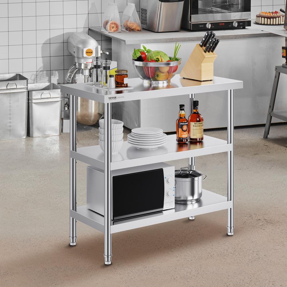 VEVOR 18 x 36 x 34 Inch Stainless Steel Kitchen Work Table with Adjustable Shelves