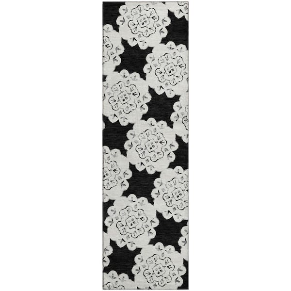 Mayfield Premium Machine Washable Abstract AMF2352 Black 2 ft. x 7 ft. Runner Rug