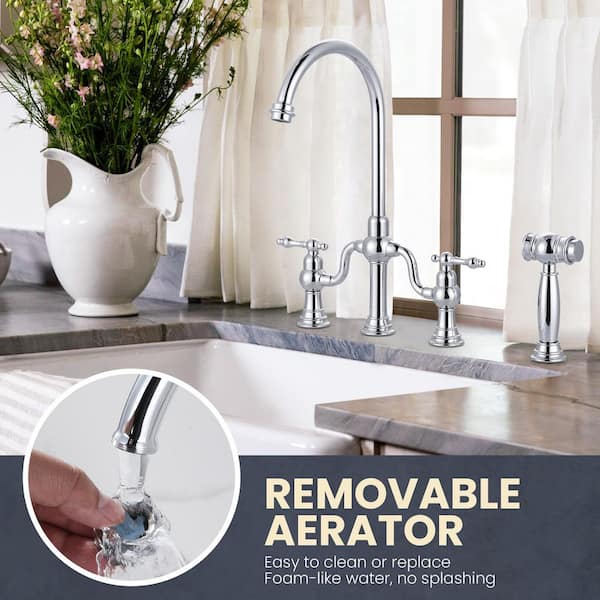 Solid Brass Double Handle High-Arc Deck Mounted Bridge Kitchen Faucet with Side Sprayer in Polished Chrome