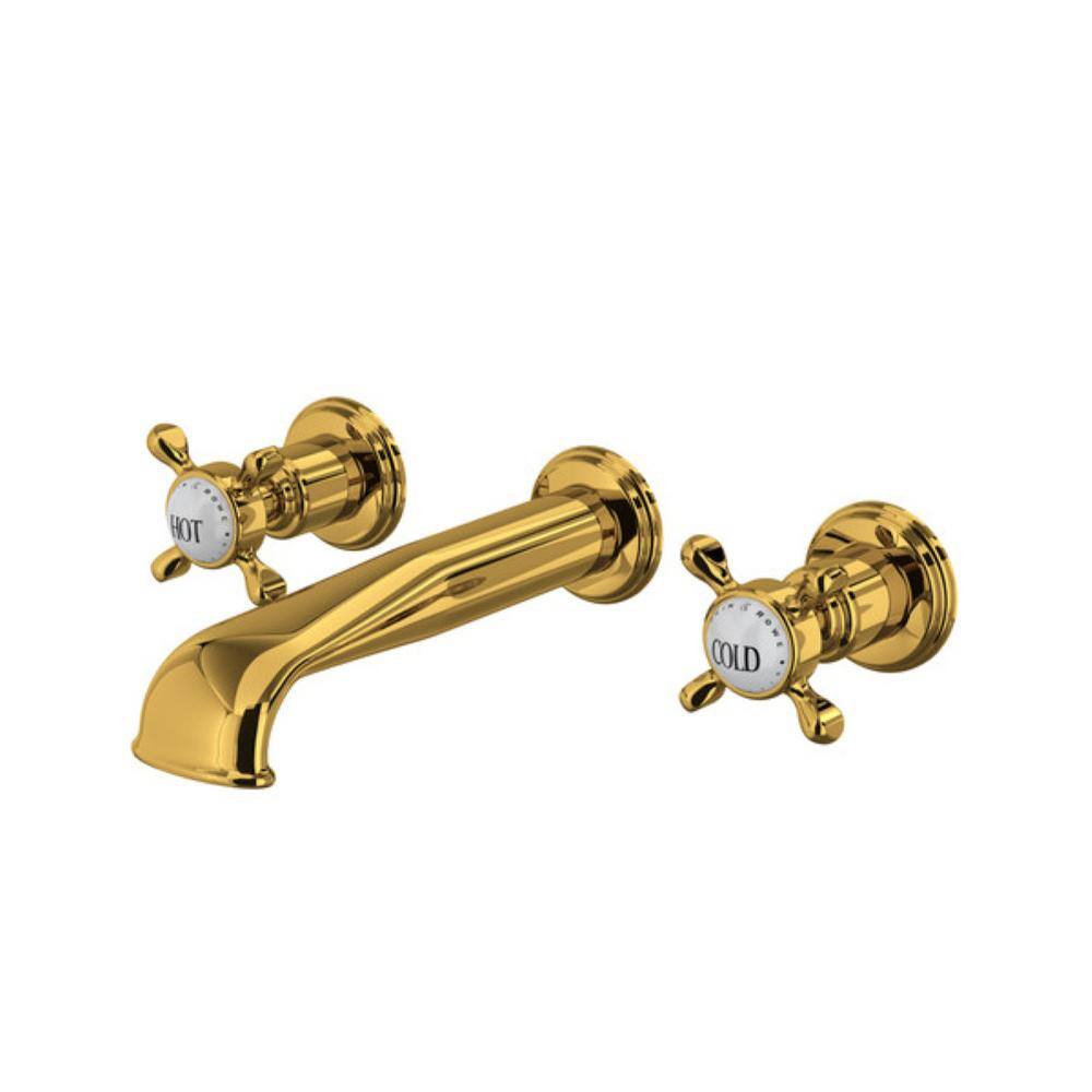 Edwardian Classic Unlacquered Brass Wall-Mounted Widespread Faucet