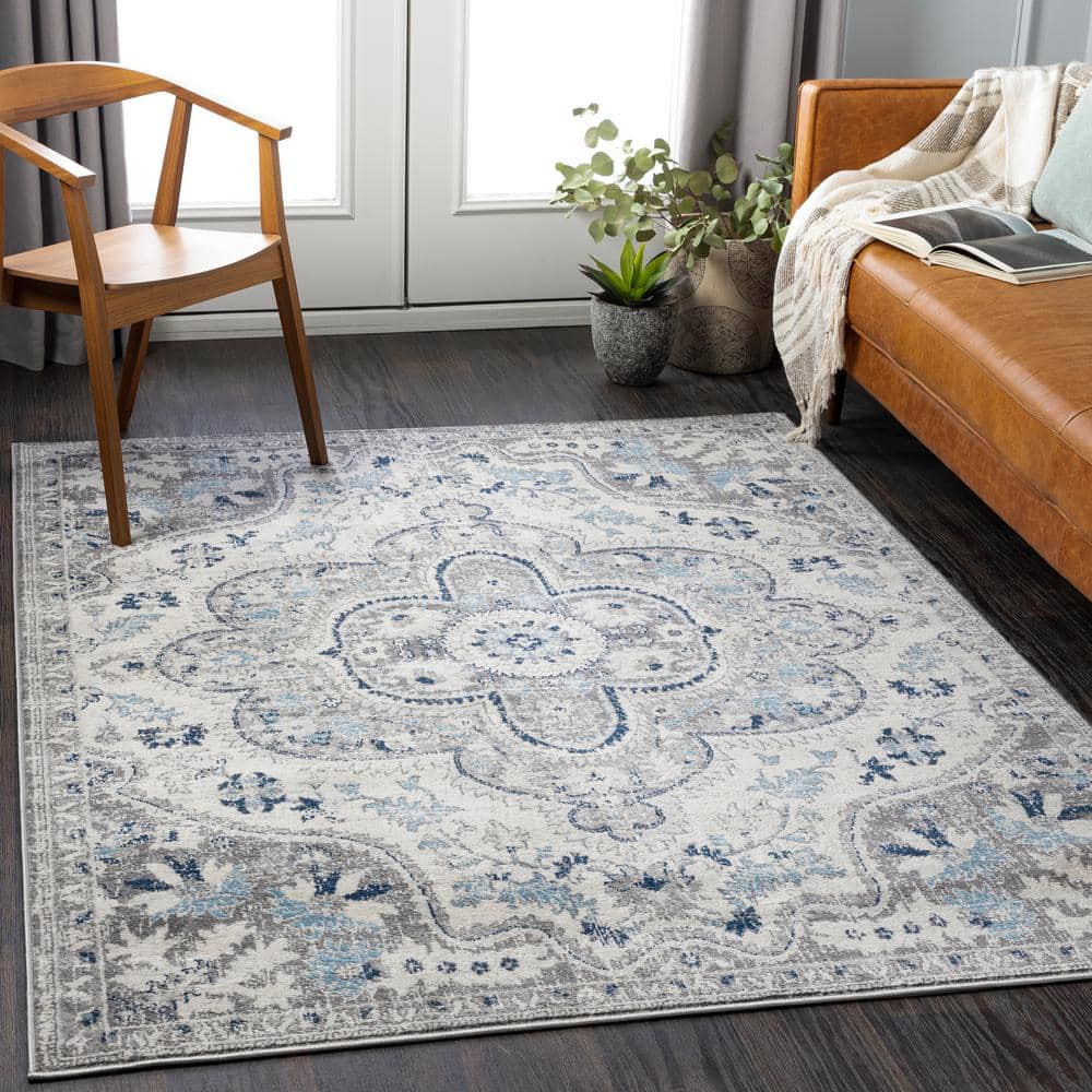 Gray and Blue Vintage Medallion Low Pile Area Rug