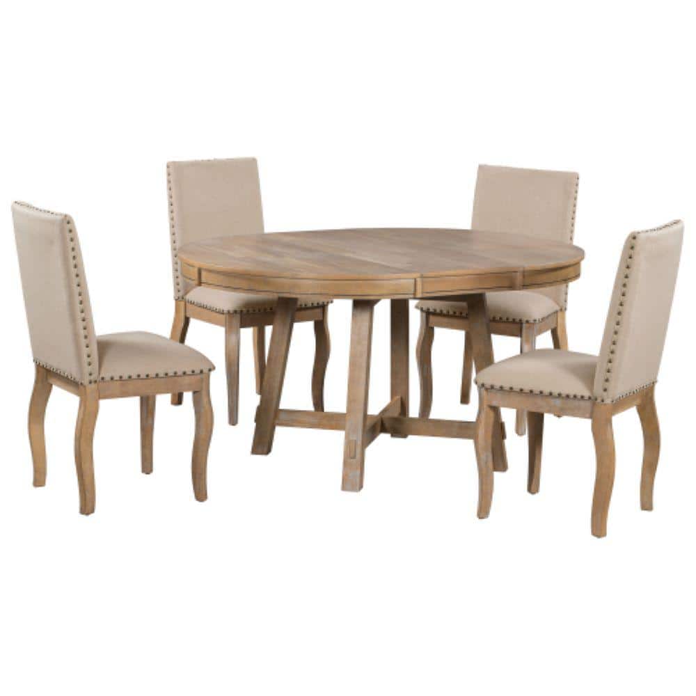 Natural 5-Piece Solid Wood Round Indoor Outdoor Dining Set with Extendable Table and Cushions Natural price history on PriceWatchPro