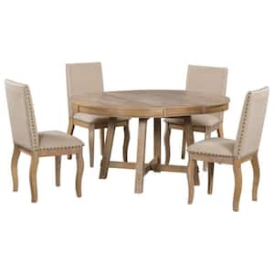 Natural 5-Piece Solid Wood Round Indoor Outdoor Dining Set with Extendable Table and Cushions Natural