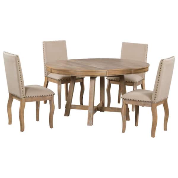 ITOPFOX Natural 5-Piece Solid Wood Round Indoor Outdoor Dining Set with Extendable Table and Cushions Natural