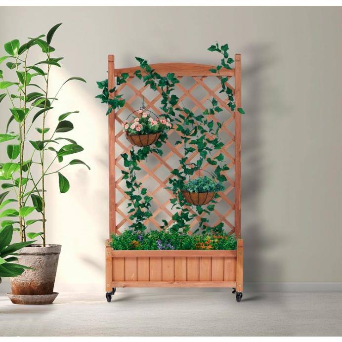 Rustic Solid Wood Raised Garden Bed with Trellis and Wheels